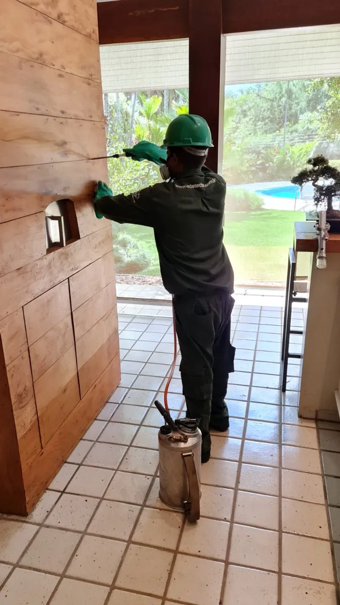 Técnico da Detecta tratando uma porta de madeira
