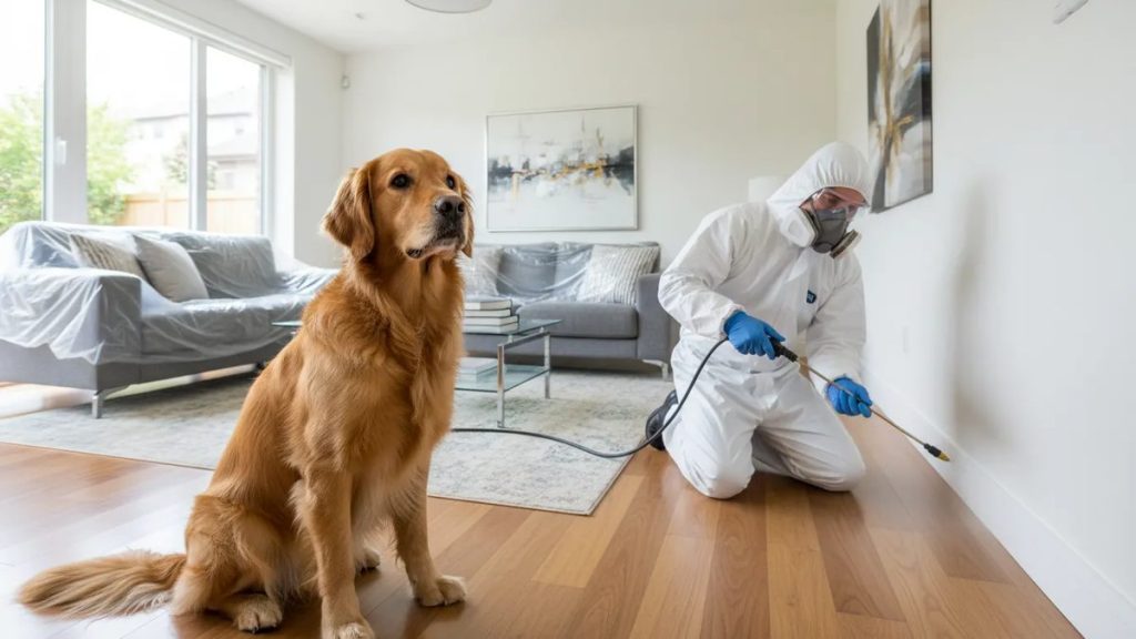 Técnico realizando controle de pragas em residência com pet.