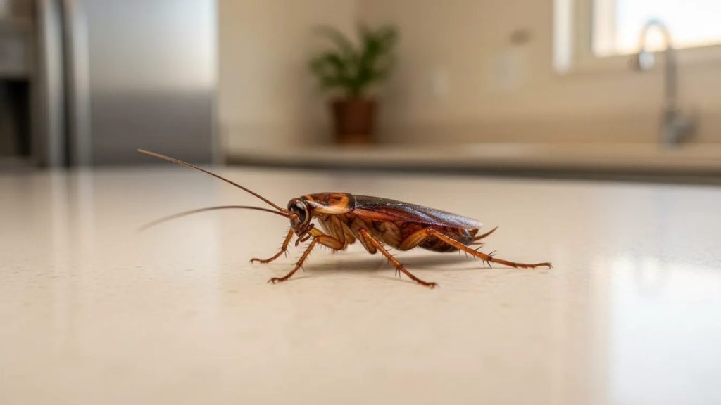 Barata sobre piso de cozinha em ambiente residencial.