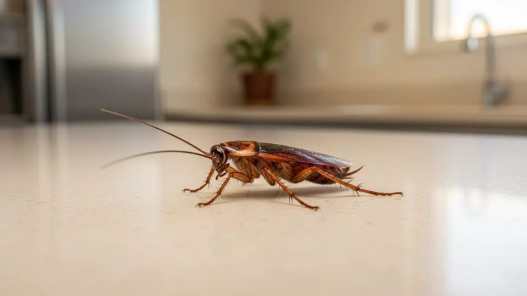 Barata sobre piso de cozinha em ambiente residencial.