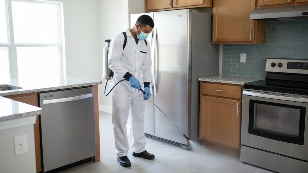 Técnico equipado realizando controle de pragas em cozinha residencial.