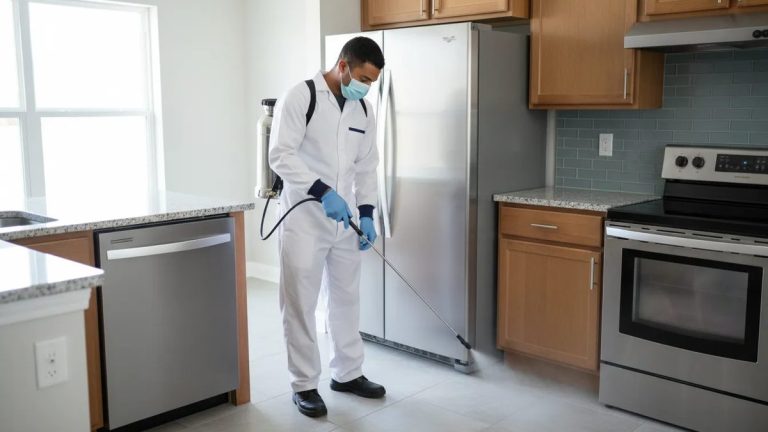 Técnico equipado realizando controle de pragas em cozinha residencial.