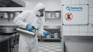 Técnico de controle de pragas atuando em ambiente profissional.